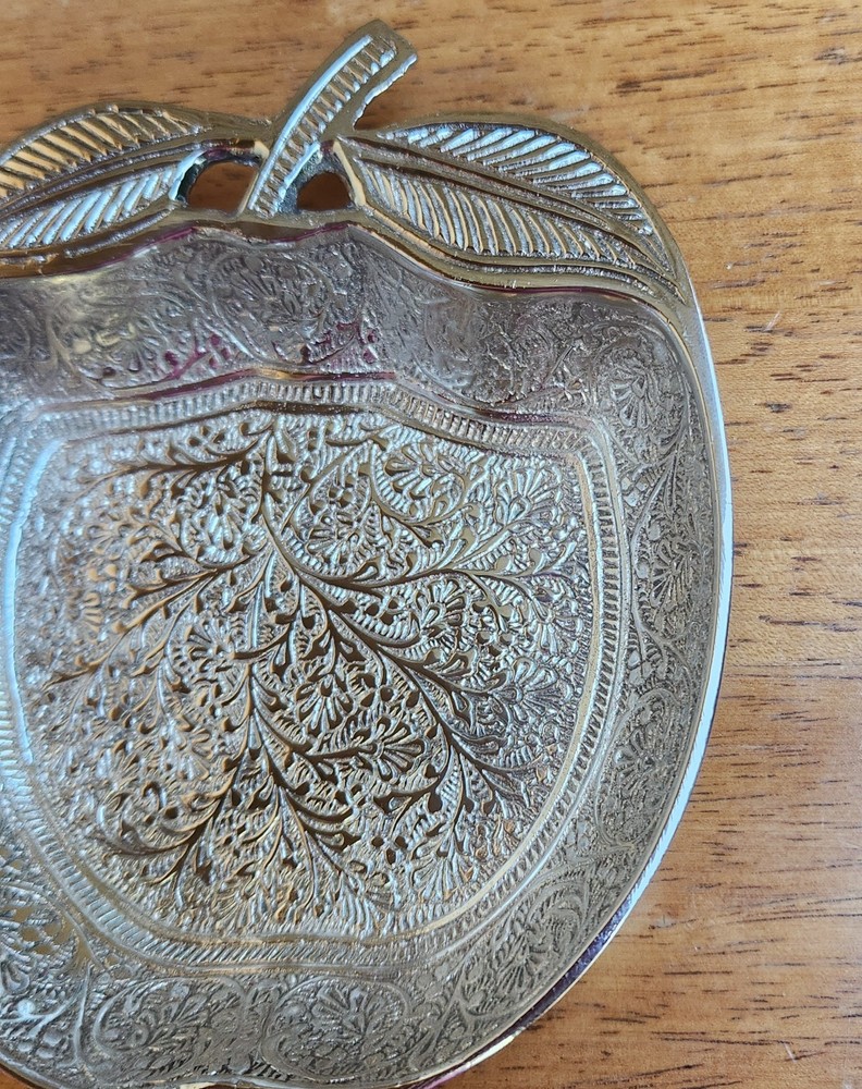 Intricate Silver Plated? Metal Apple Shaped Candy Trinket Dish Engraved 5.25" L