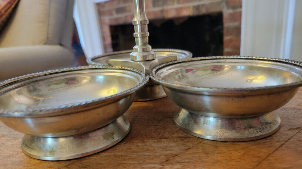 Vintage Silver Tone Handled Condiment 3 Compartment Relish Tray