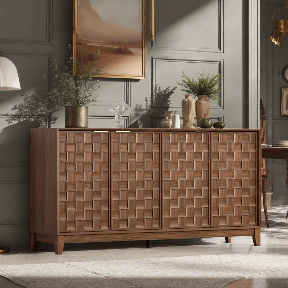 Walnut Mid Century Modern Fluted Sideboard Cabinet with Ample Storage