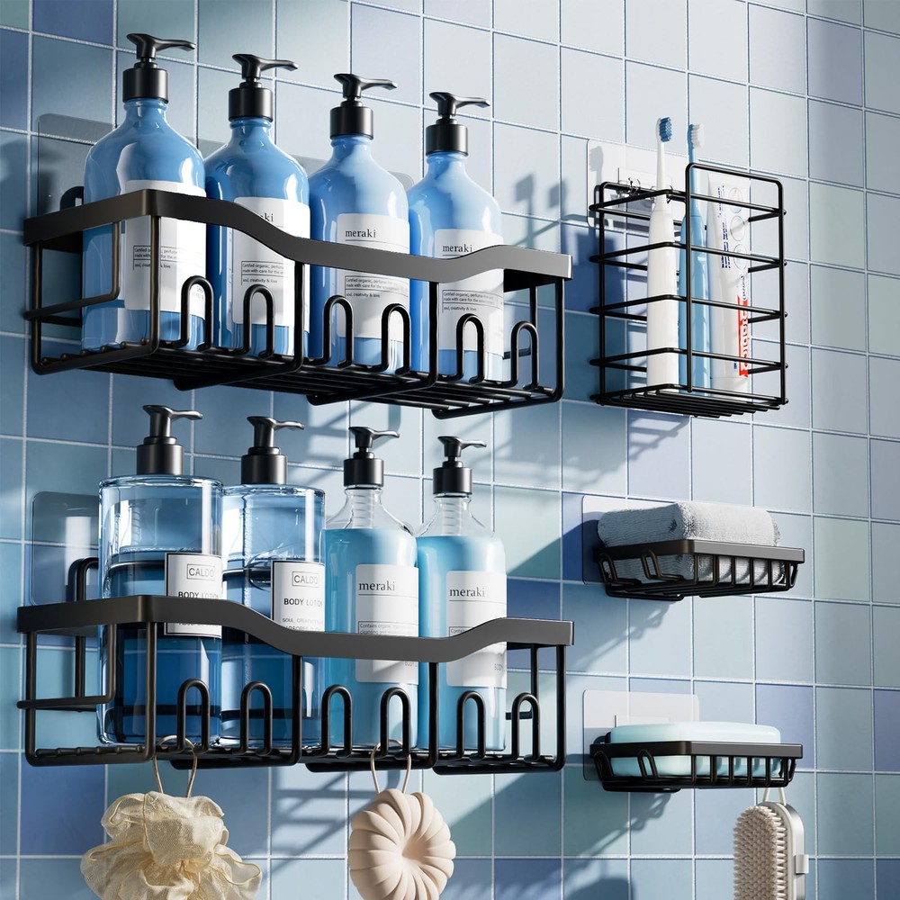 5-Pack Rustproof Stainless Steel Shower Caddy Set– No Drill Adhesive Bathroom...