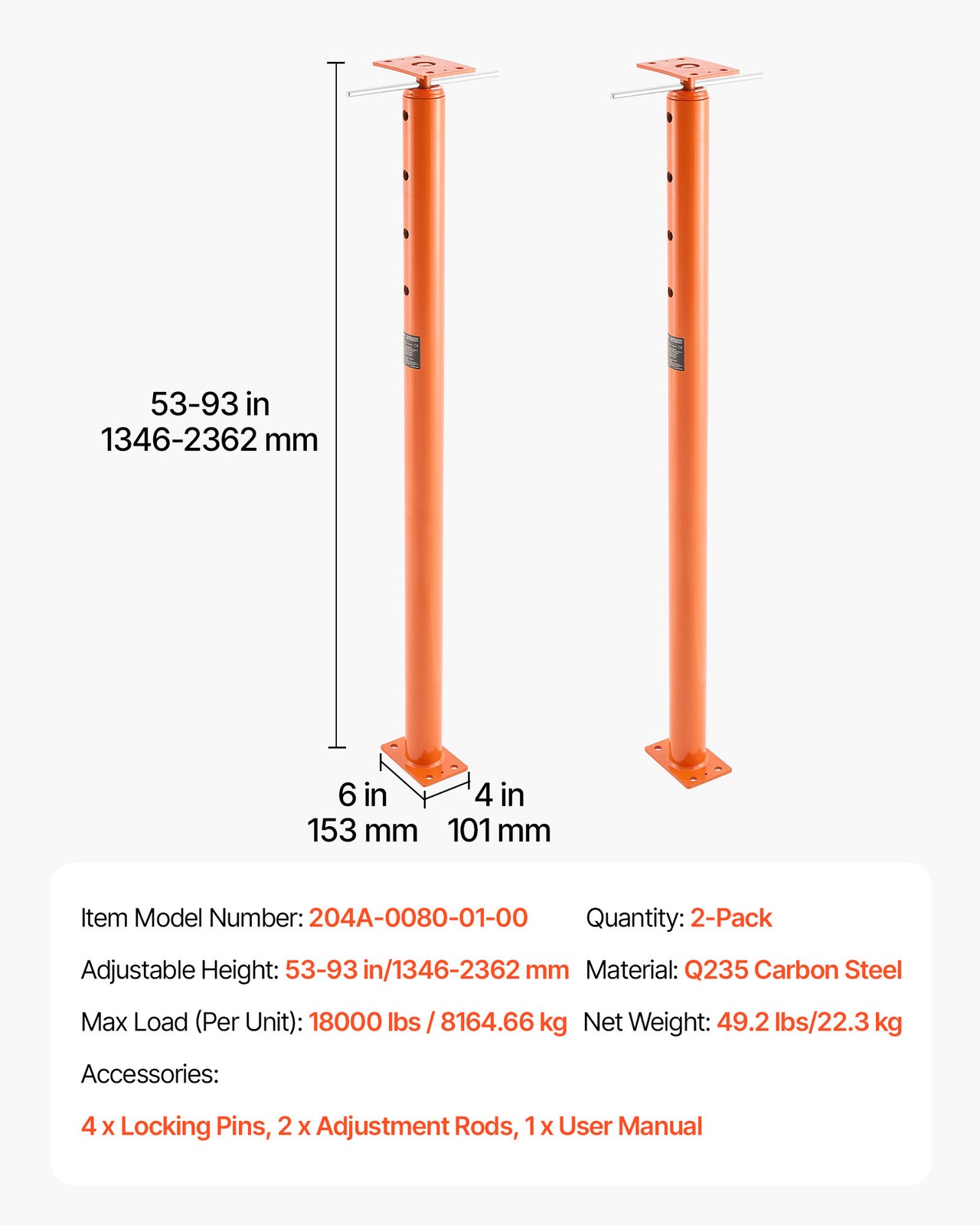 VEVOR House Floor Jacks Adjustable Floor Jack Post Leveling Lift 2PCS 53-93 Inch