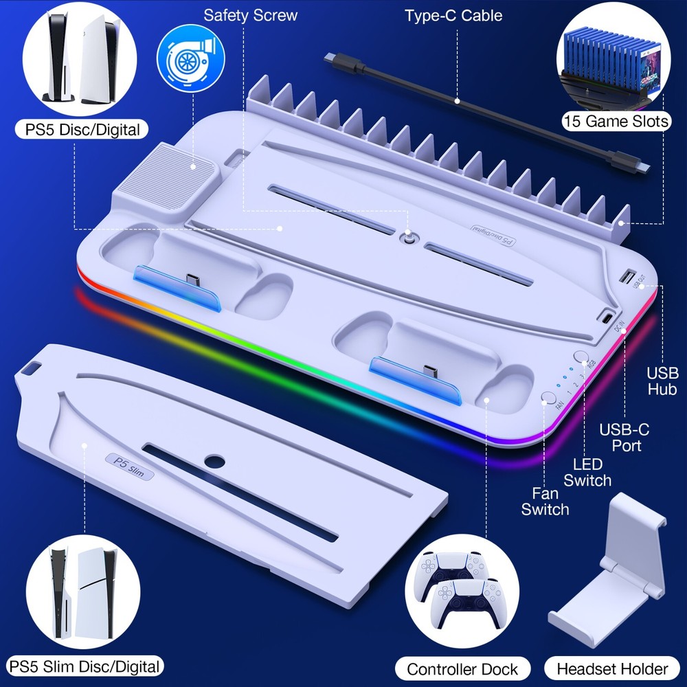 PS5 Slim Stand Cooling Station For PS5 Slim/PS5 Disc Digital Controller Charging