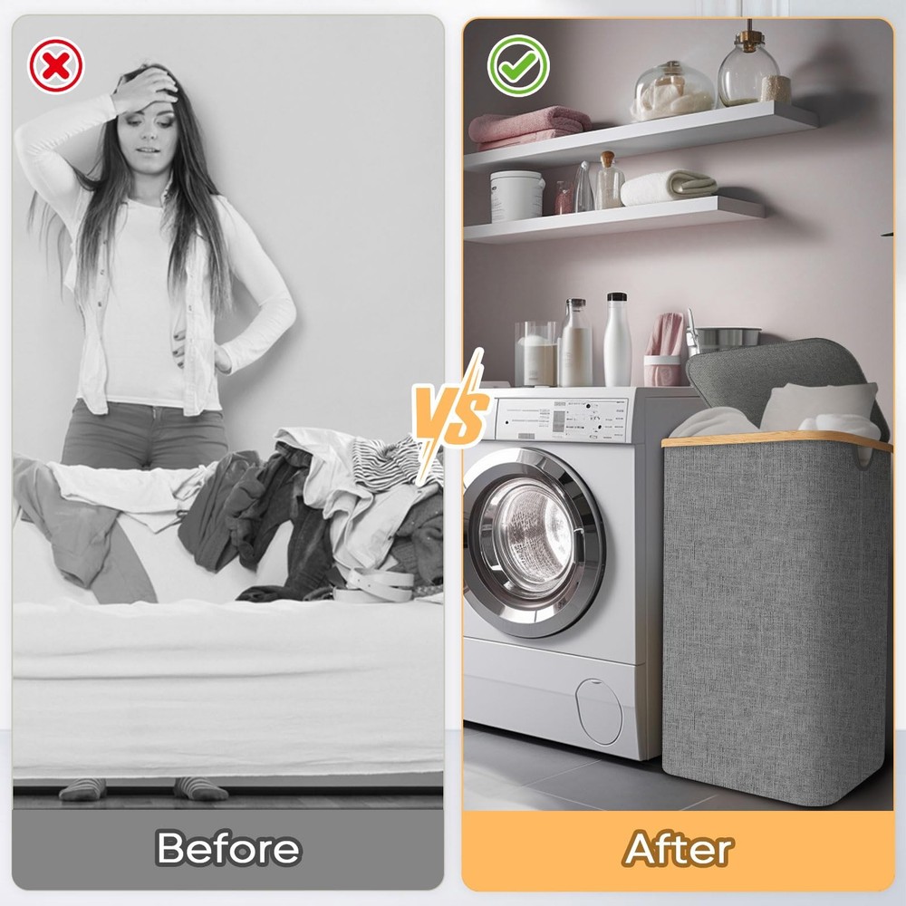 Laundry Hamper with Lid Tall Laundry Baskets with Bamboo Pull Handles Large L...