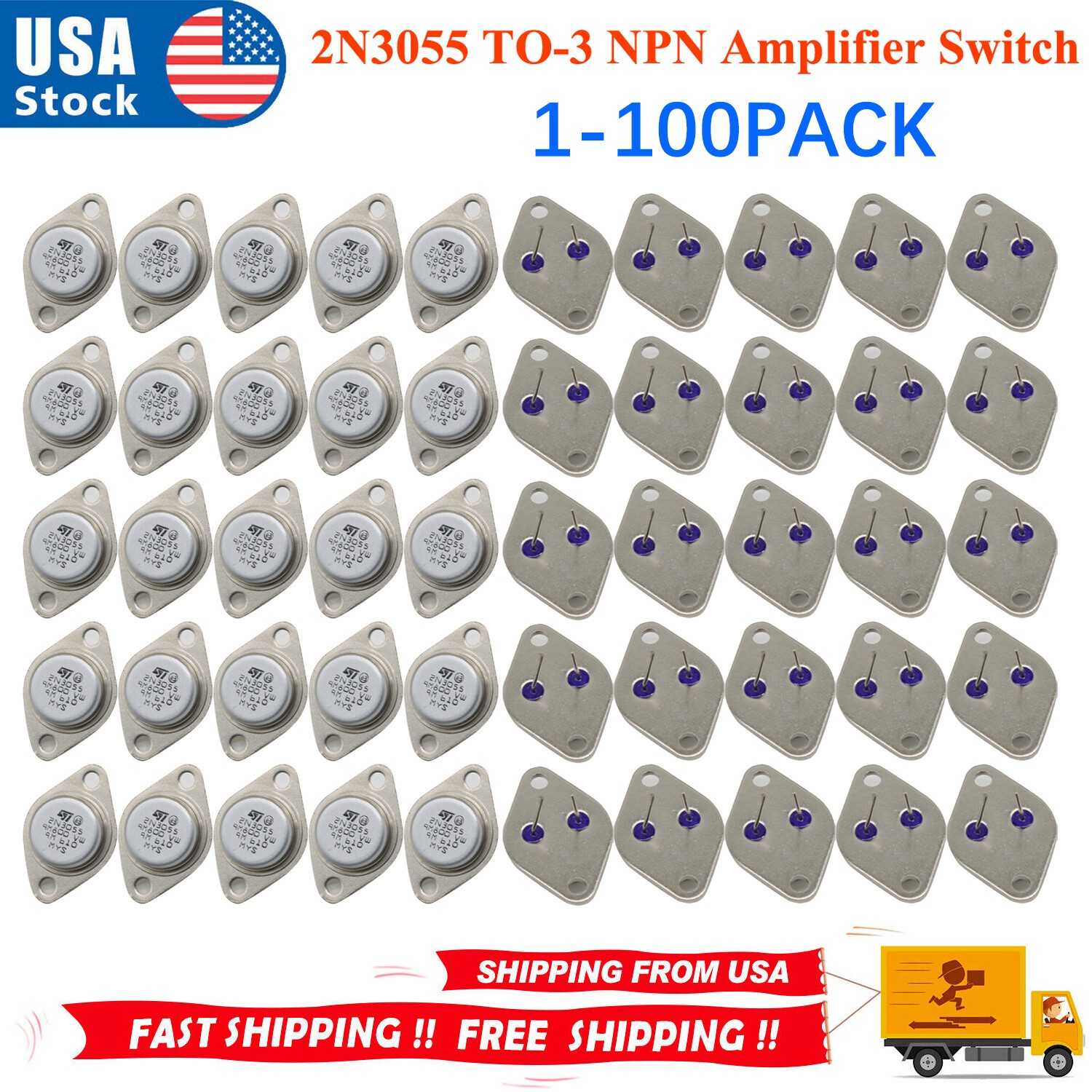 Lots 2N3055 TO-3 NPN Amplifier Switch Transistor Audio Power Metal Case 15A/60V