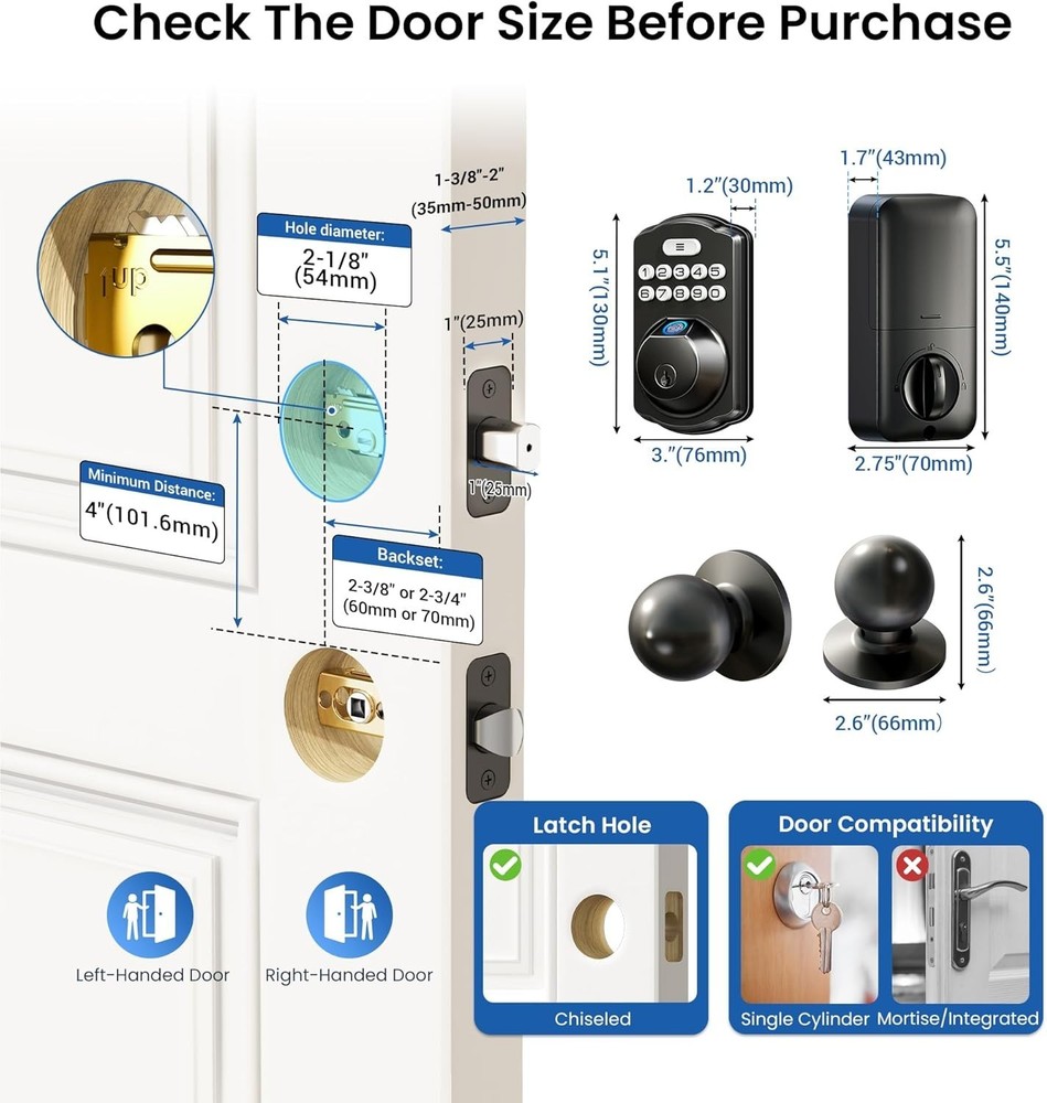 Fingerprint Door Lock with 2 Knobs - Keyless Entry Door Lock with Handle, Ele...