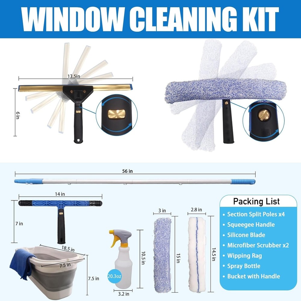 Effortless Clean Squeegee Kit with Adjustable Pole & Microfiber Cloths Inside