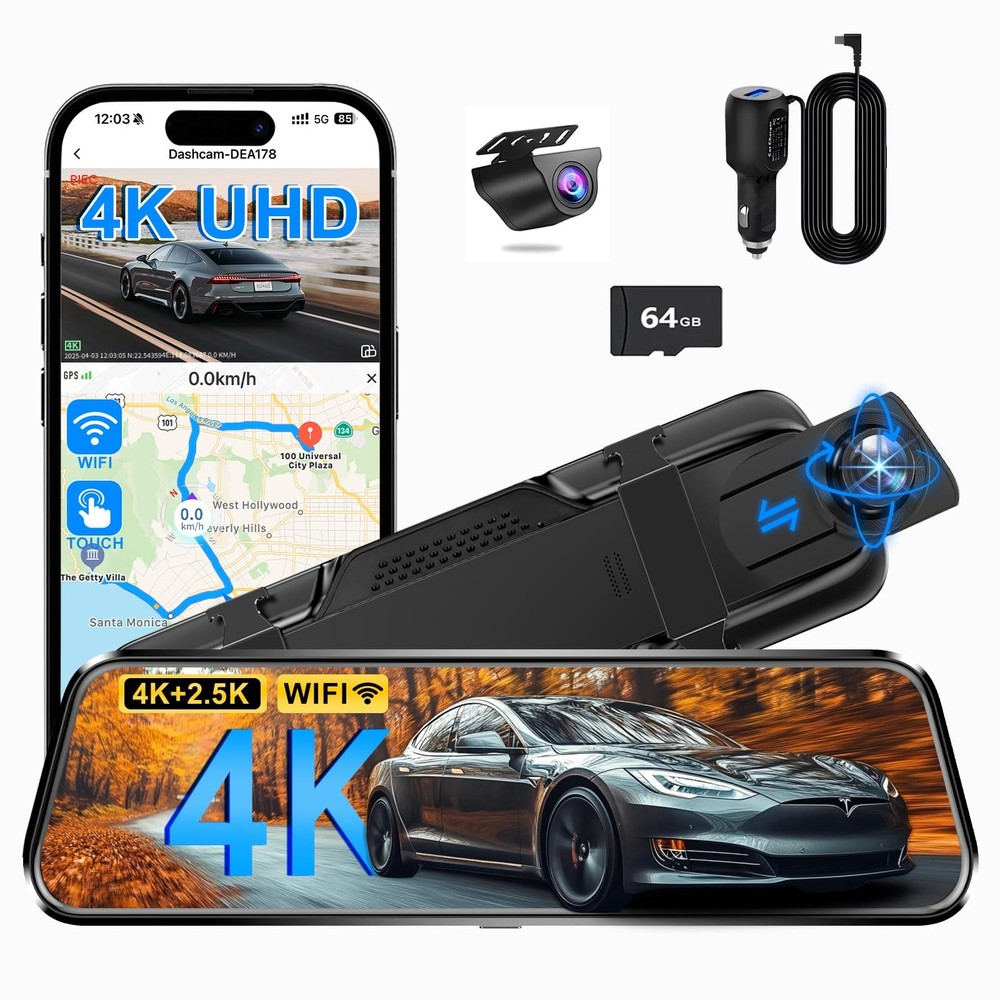 Mirror Dual Dash Camera for Car, Dashcam 4K Front 2.5K IMX335 Rear View/ADAS ...