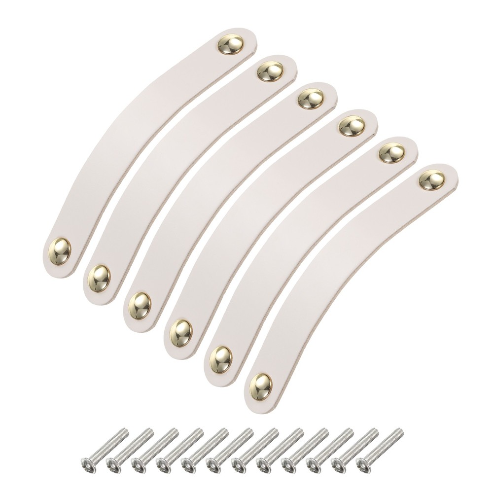 6 Packs Leather Drawer Pulls Double Hole Knobs, Cream/Gold(Hole Spacing:128mm)