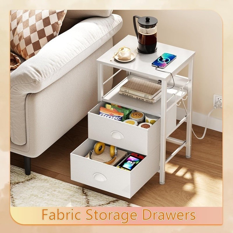 Nightstand W/ Charging Station USB Ports Drawer Storage Hooks Side Table