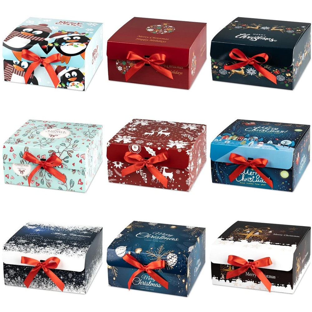 Christmas Gift Boxes with Lids 9 Pack Red Ribbon Themed Pattern Small Presents