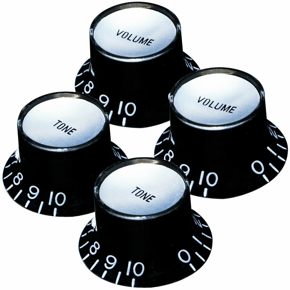 NEW Set 4 BLACK Bell Top Hat KNOBS Silver Reflector for Gibson 1/4" Tone Volume