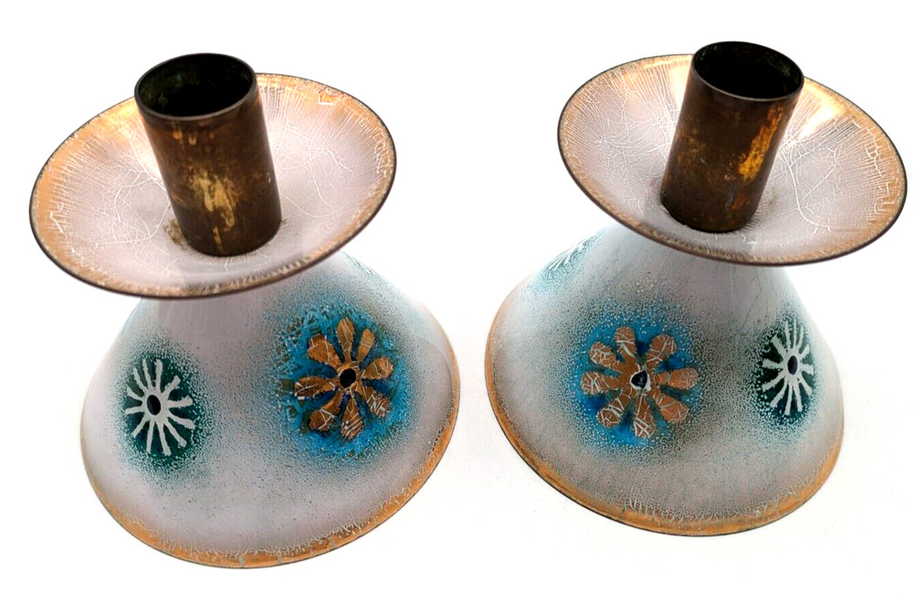 MCM Enamel Over Copper Candle Holders Snowflakes