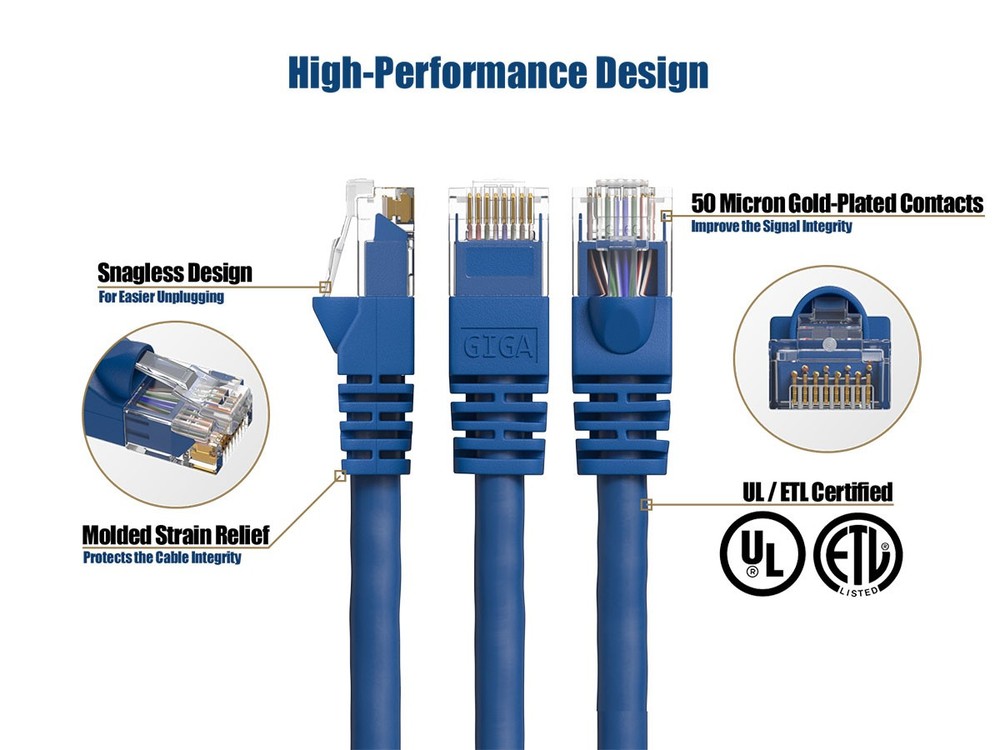 8ft Cat6 UTP Ethernet Network Patch Cable Snagless 24AWG Bare Copper, Blue
