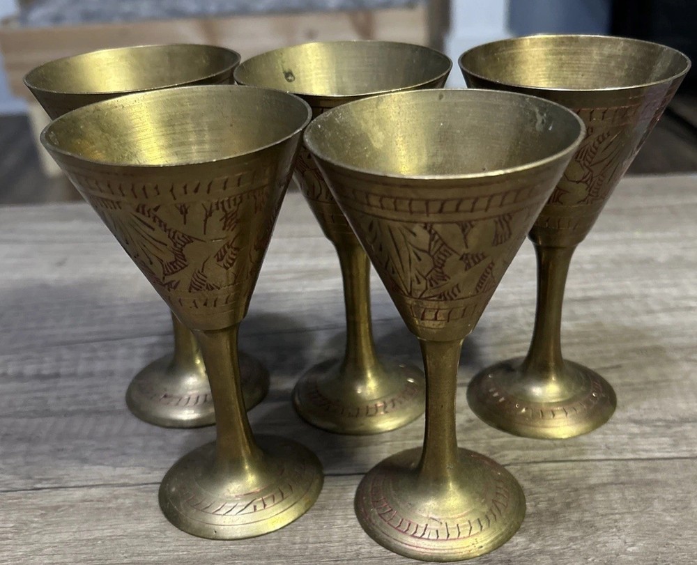 Etched Brass Wine Goblet India Table Top Decor Vintage Beware 5 Small Solid Cups