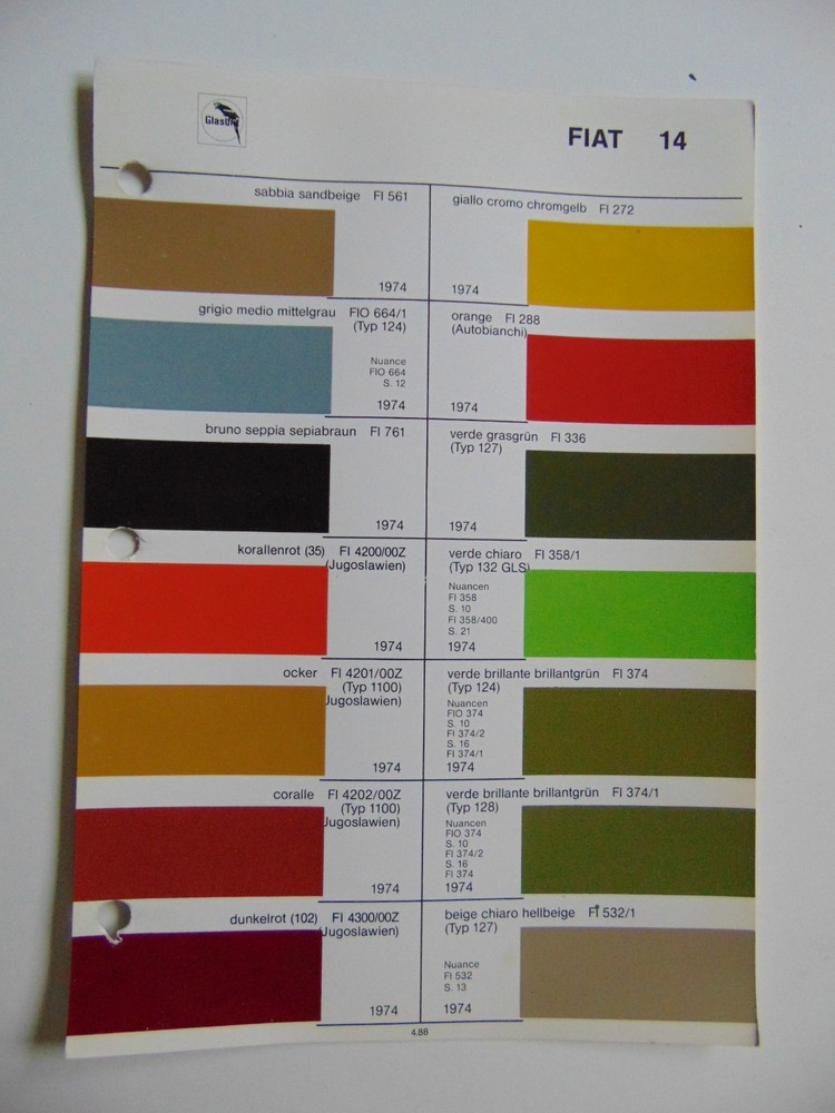 Original Glasurit Fiat Paint Chips Sheet - 1974