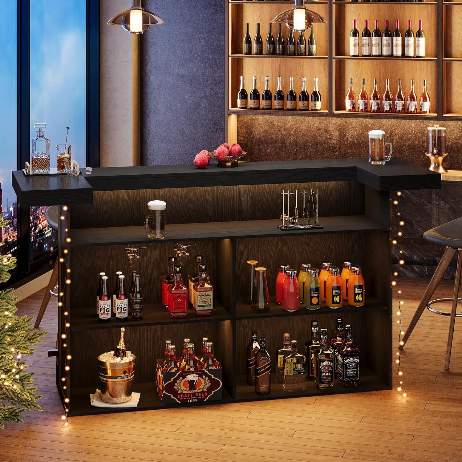 70.9-Inch Black Bar Table, Large Wooden Home Bar Unit Table for Small Spaces