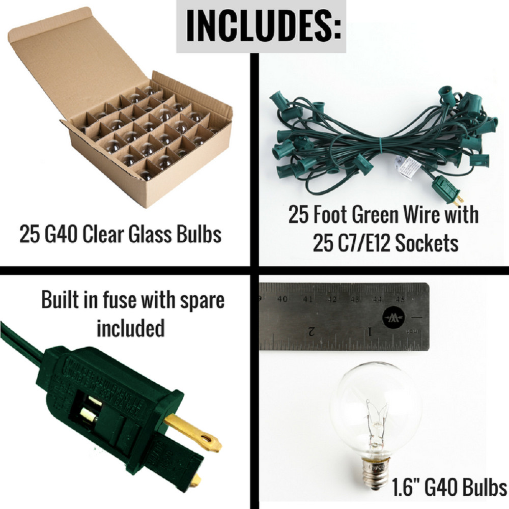 G40 Clear Globe Outside Backyard String Lights with Green Wire - 25’, 50’, 100’