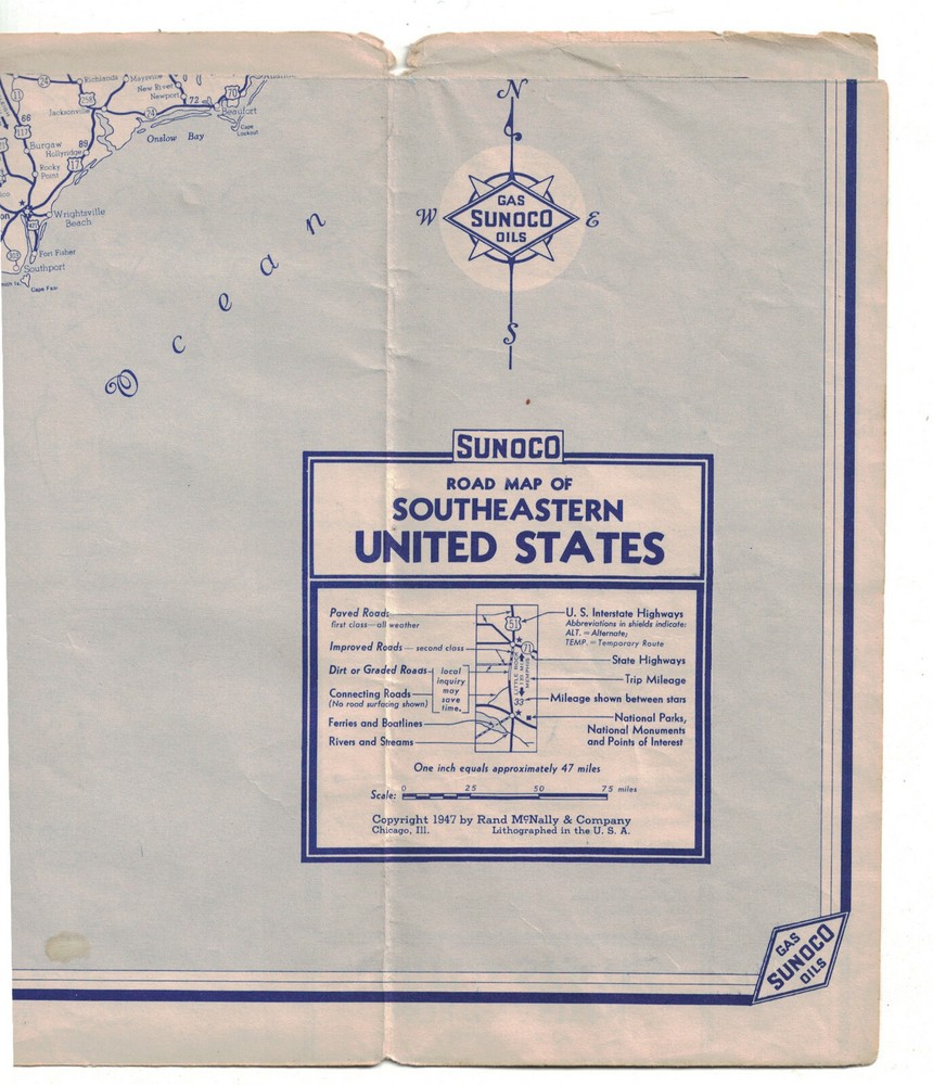 Sunoco Road Map 1947 Eastern United States