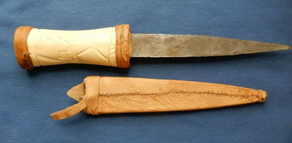 Bone Handle Ceremonial Dagger & Custom Leather Sheath 12 1/2", 7 1/2" Blade