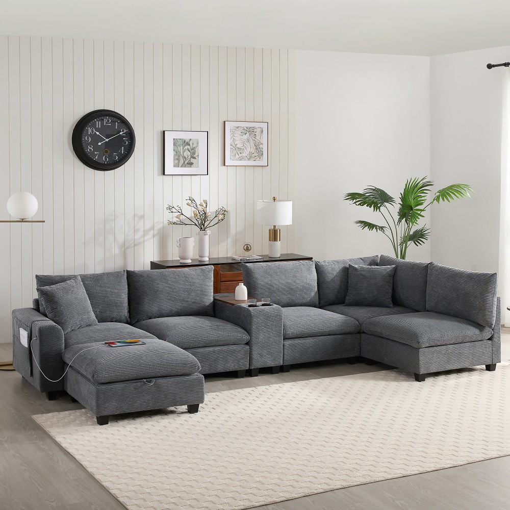 139'' U-shaped Modular Sectional Sofa with Console, L-Shaped Corduroy Couch