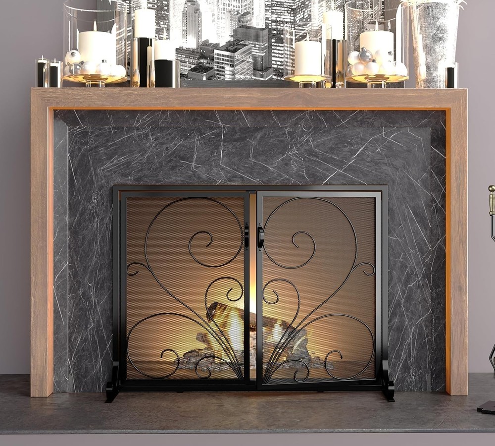 Fireplace Screen W/ Double Doors Heavy Duty Solid Steel Frame Metal Mesh Spark