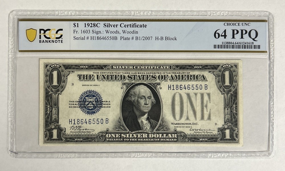 1928 C $1 One Dollar Silver Certificate Funnyback Note (PCGS 64 PPQ)