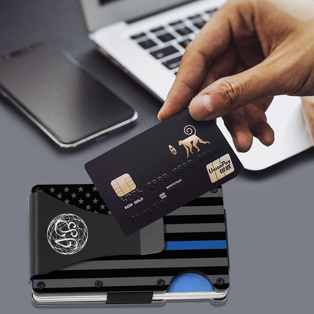 Black & Gray American Flag Engraved With Blue Line. RFID Blocking