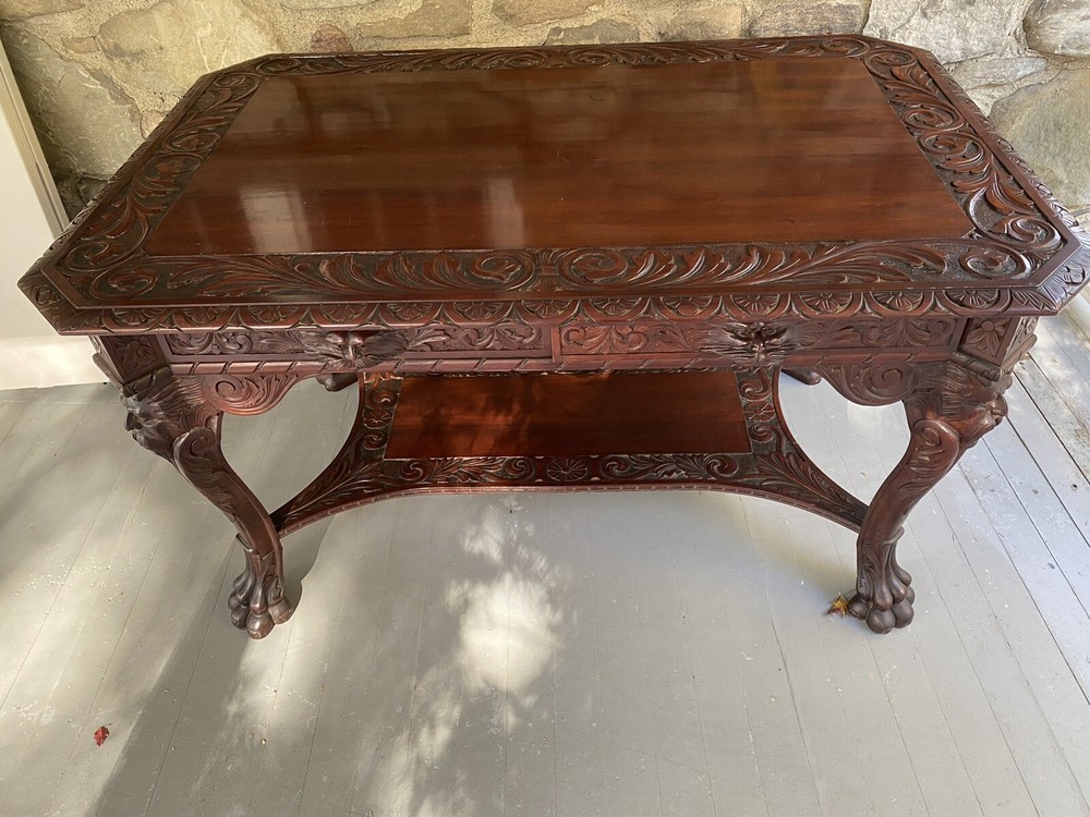 R. J. HORNER CARVED MAHOGANY GRIFFIN PARTNERS DESK