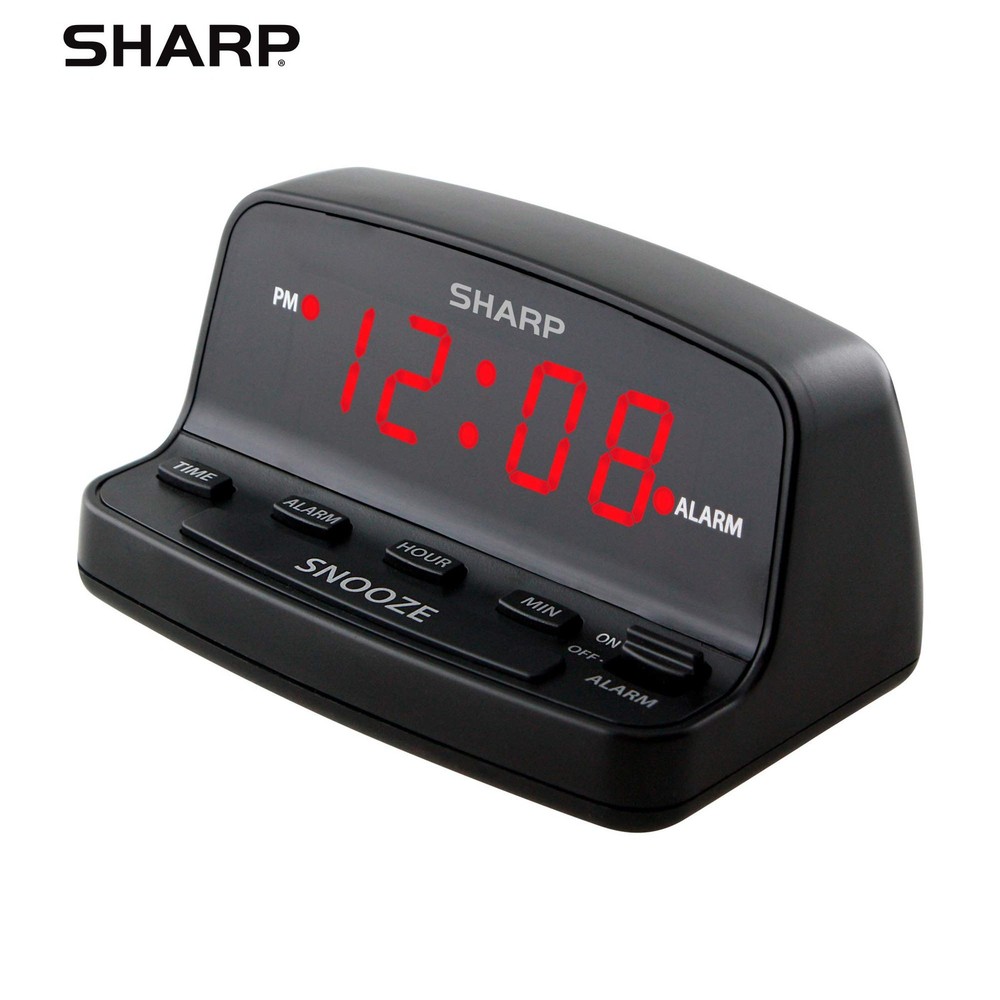 Sharp Digital Alarm Clock with Keyboard Style Controls, Battery Small, Black