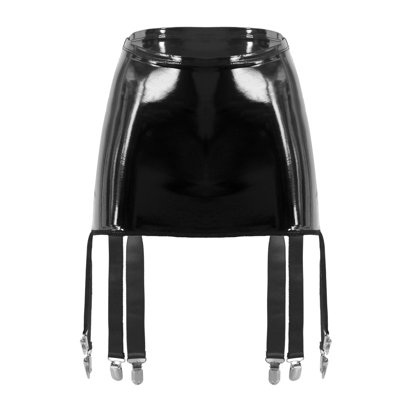 US Women Wet Look PVC Leather High Waisted Garter Belt with 6 Wide Straps Skirts