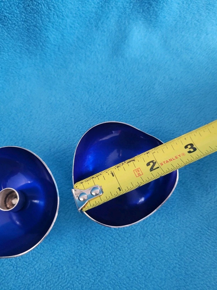2 Vintage MEKA MADE IN DENMARK Blue Enamel Silver Plated Candleholders