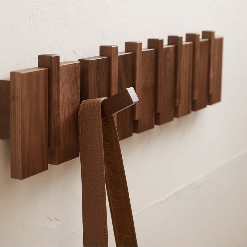 Handmade Wood Coat Rack Wall Mount Solid Walnut Piano Keys Design Space Saving