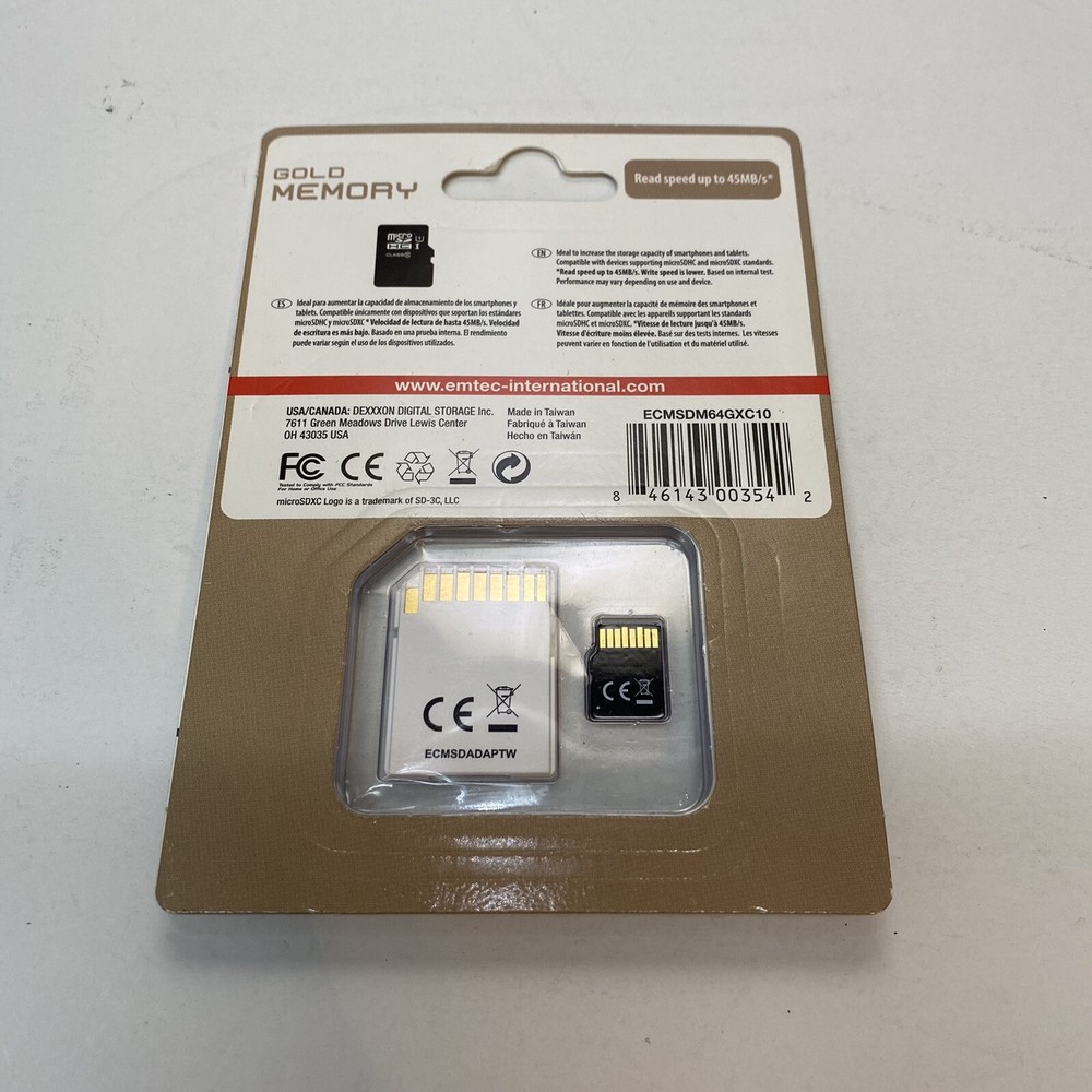 EMTEC 64GB microSDXC Class 10 Gold Memory Card With Adapter - Brand New