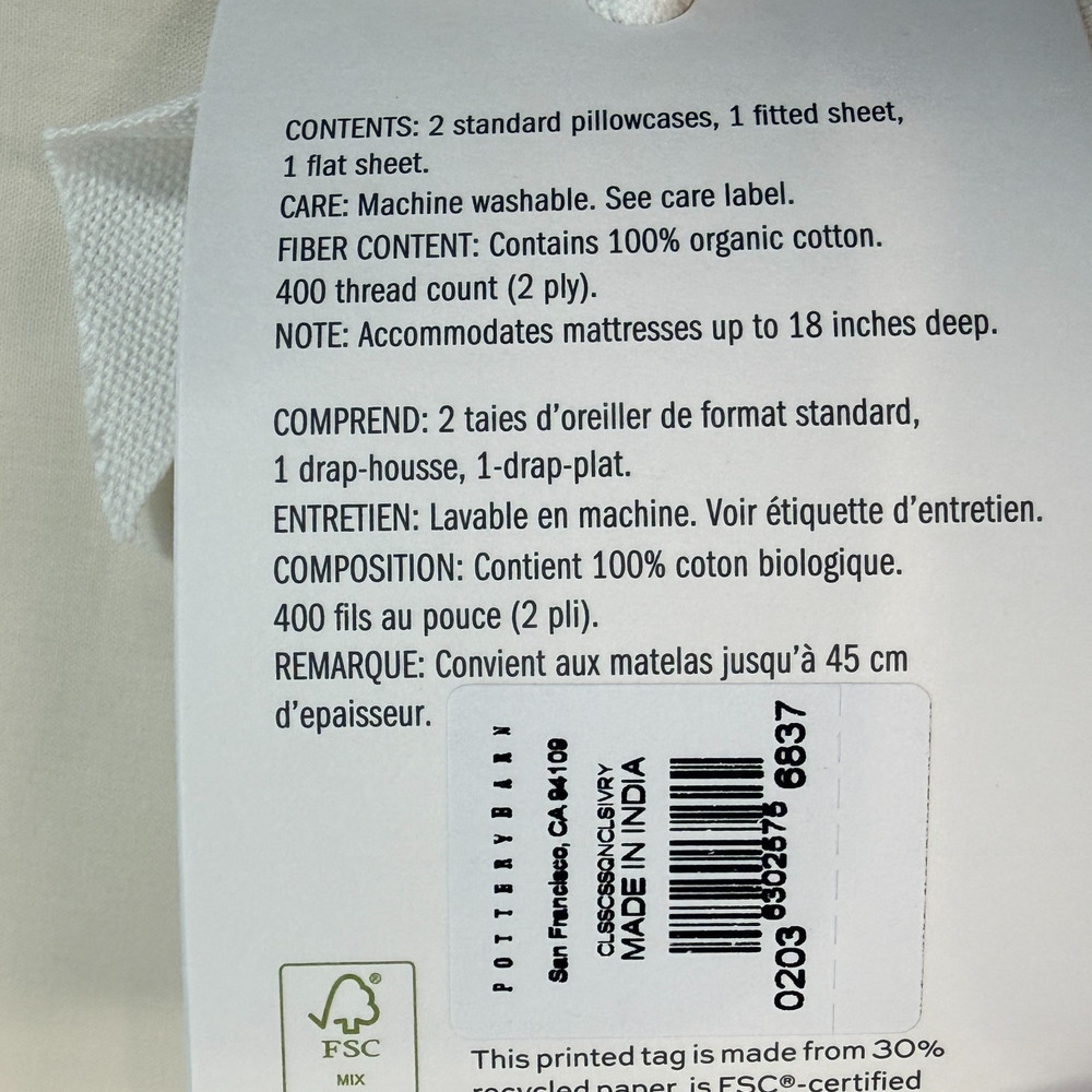 POTTERY BARN 400 THREAD COUNT ORGANIC PERCALE SHEET SET QUEEN ~ CLASSIC IVORY