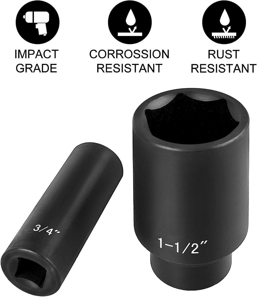 Heavy-Duty 19-Pc 1/2" Drive Impact Socket Set, 6-Point Deep Sockets 3/8"-1-1/2"
