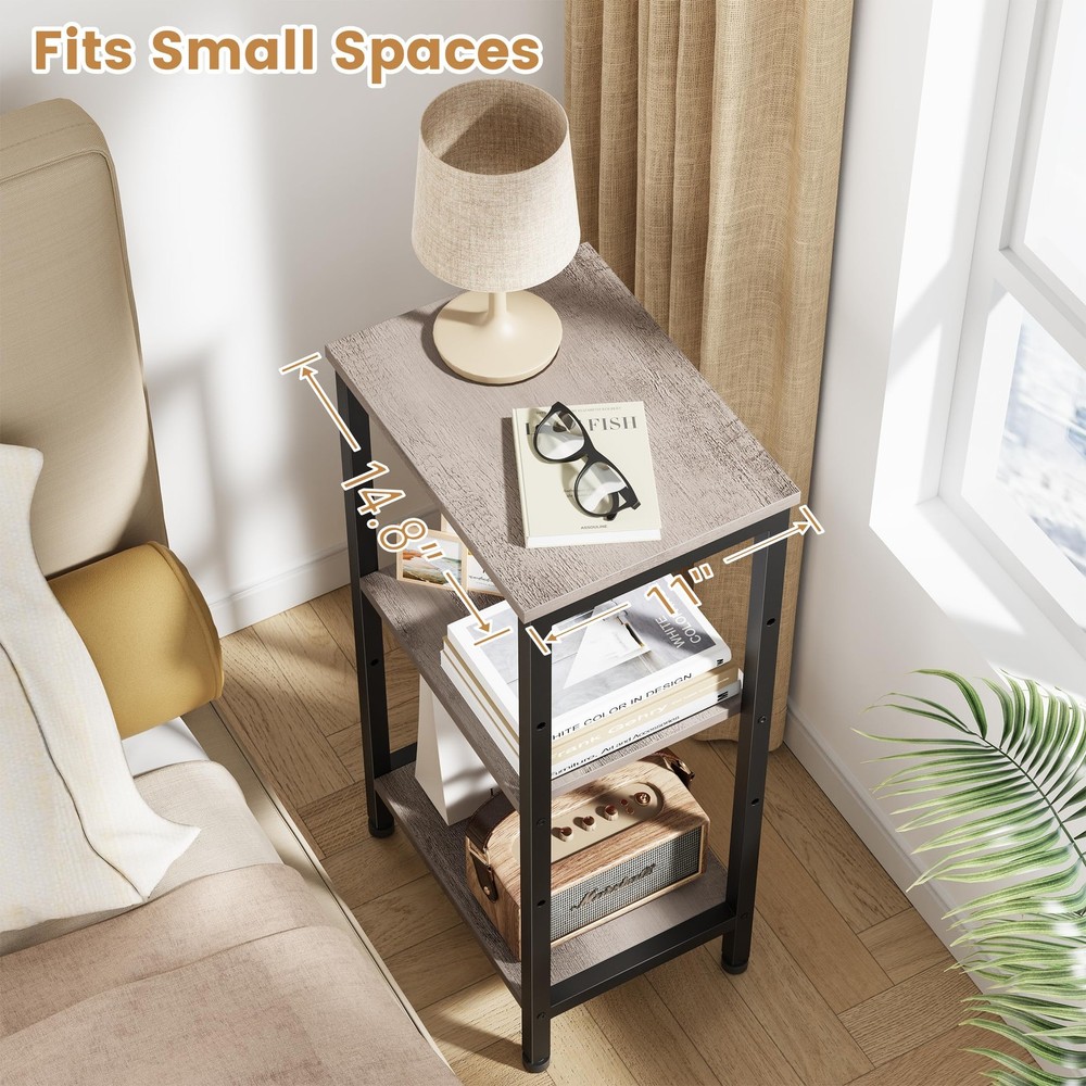 Small Grey Side Table, Tall End Table with Adjustable Shelf for Living Room, ...