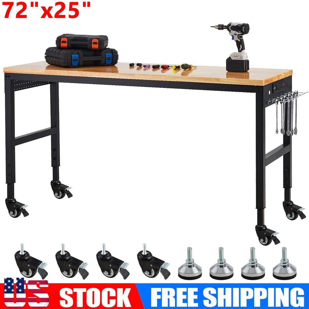 72x 25" Adjustable Work Bench Heavy Duty Work Table for Workshop Garage 2000 Lbs
