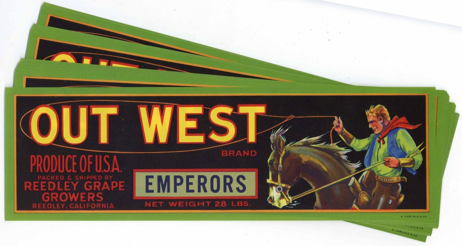 25 Out West Brand, Reedley California Grape Crate Labels, Wholesale, cowboy