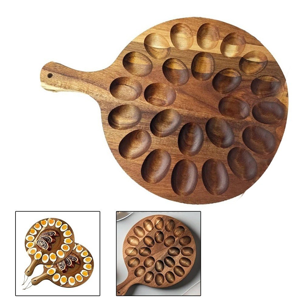 Egg Platter Storage Tray Round Wooden Plate with Handle 24 Deviled Egg Holder