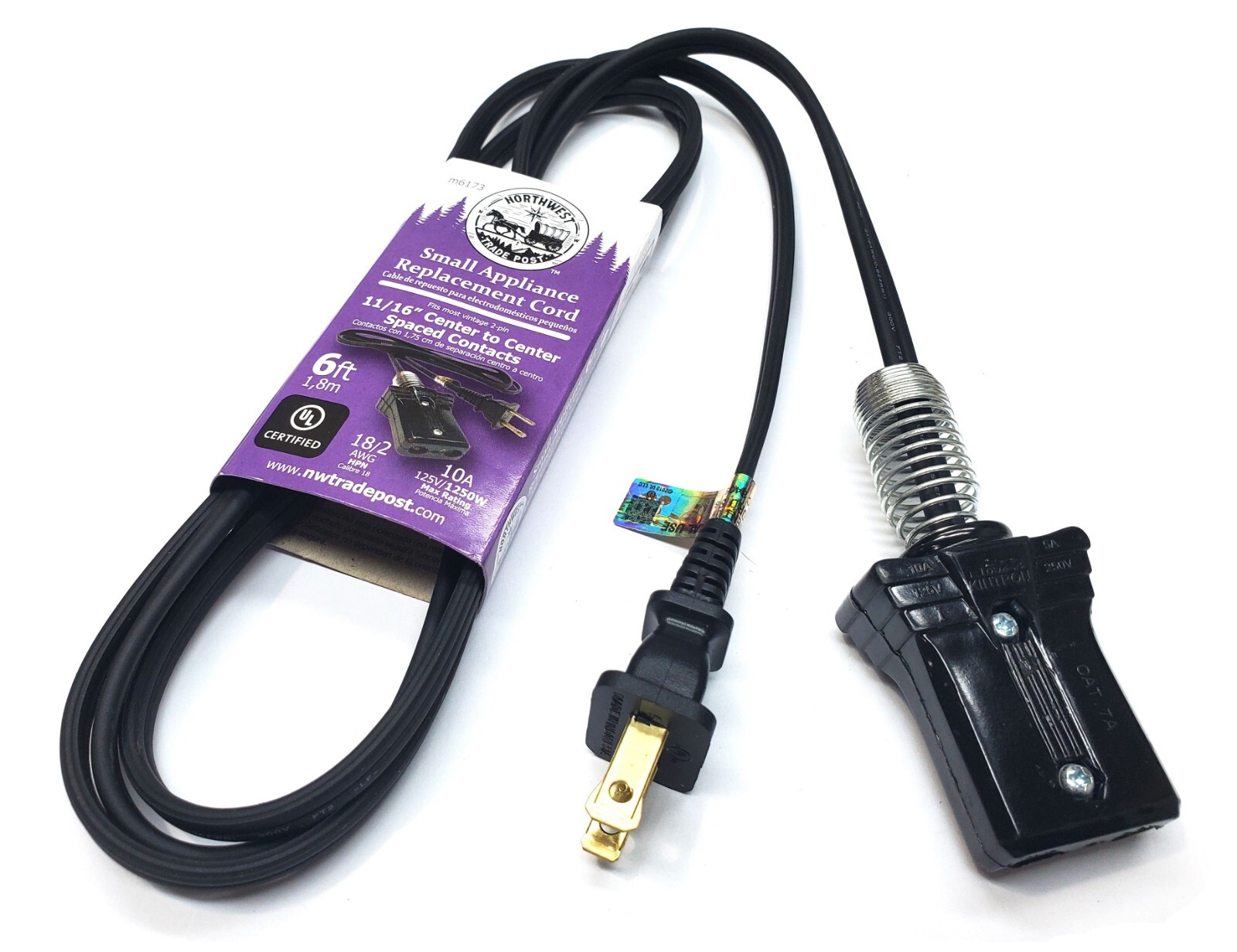 New 6' Vintage Appliance Replacement Power Cord 11/16" Center To Center Contacts