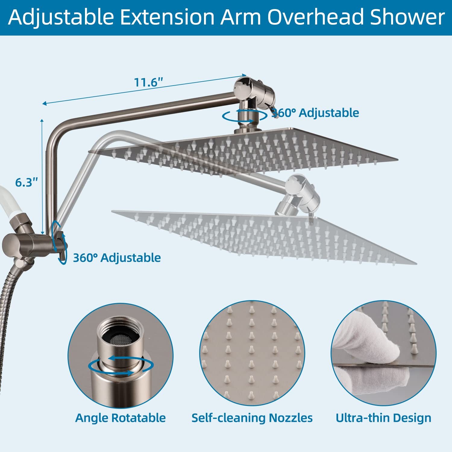 12-inch High Pressure All Metal Rainfall Shower Head with Handheld Spray Combo