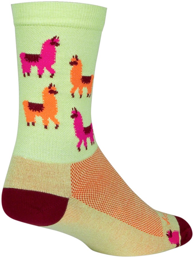 SockGuy Mo' Llamas Crew Socks - 6", Green/Pink/Orange, Small/Medium
