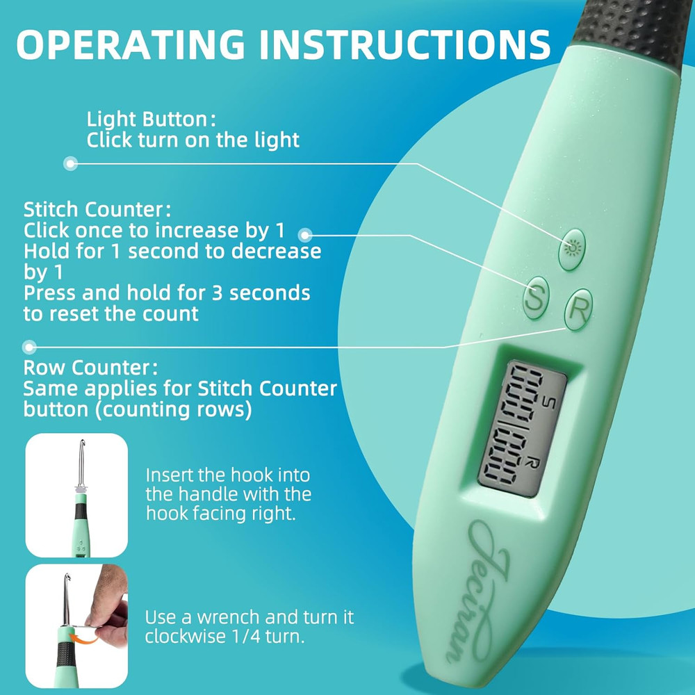 24 Interchangeable Heads Light up Crochet Hook Set with Digital Stitch Counter,E