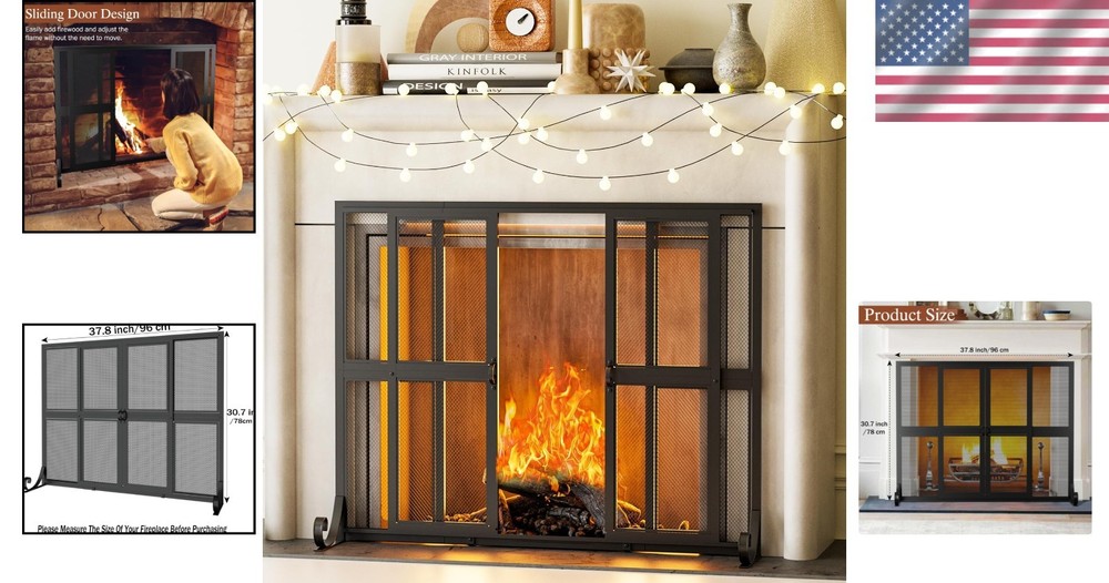 Fireplace Screen with Sliding Doors Wrought Iron Spark Guard Safety Protector
