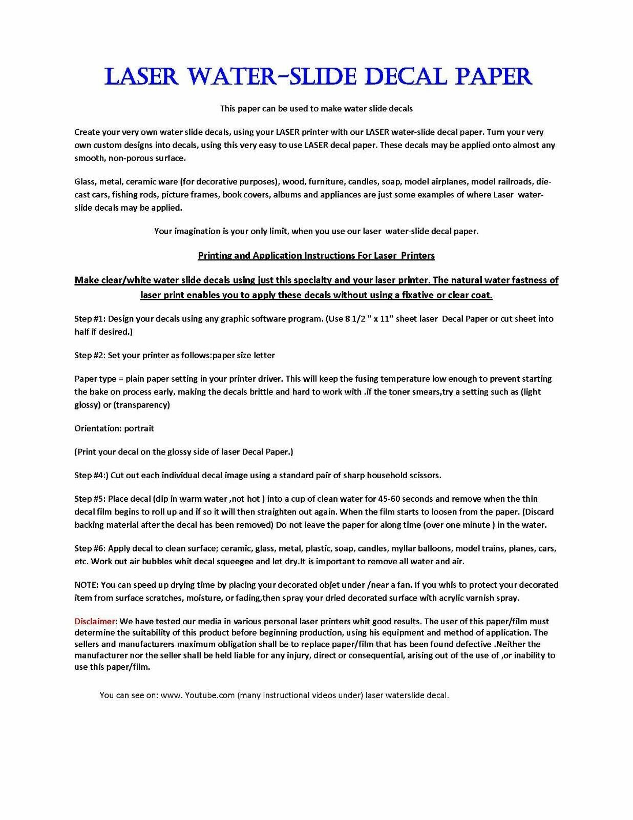 10 sheets LASER waterslide decal paper Clear 8.5" X 11" MADE IN USA NOT CHINA #1