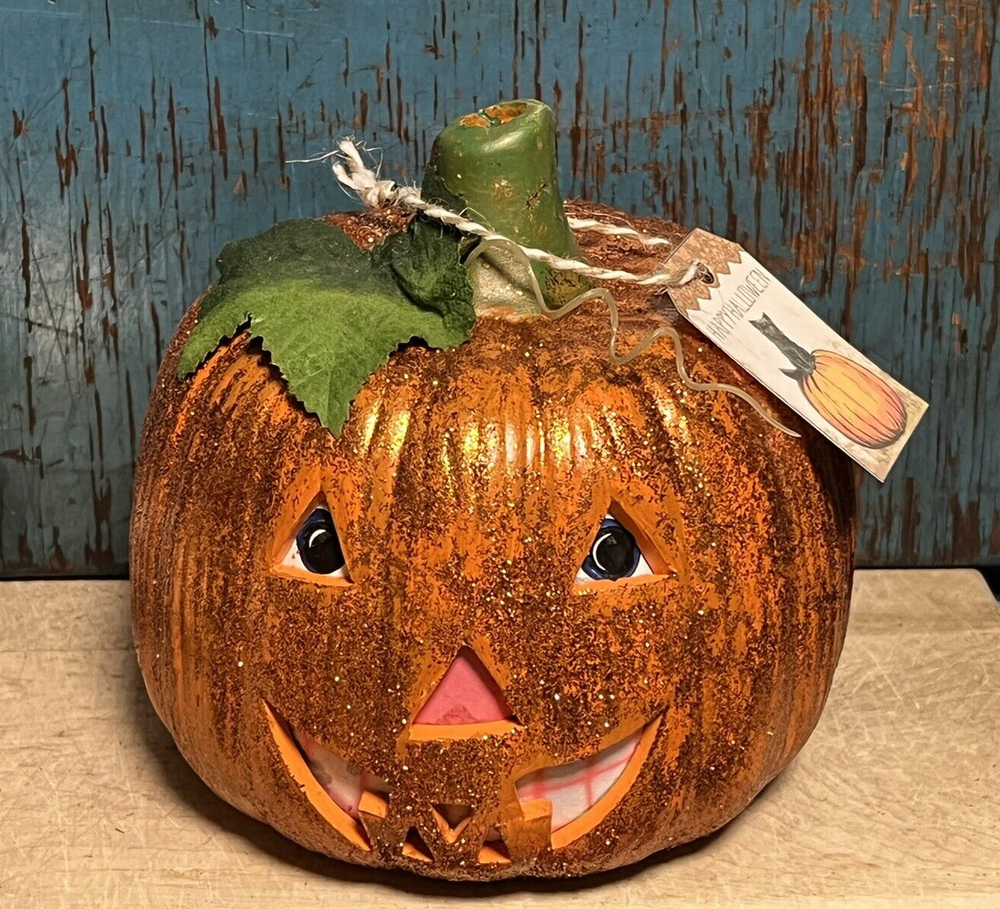 Grubby Primitive Patchwork Pumpkin Pillow Fall Halloween w Rose Advertising Tag