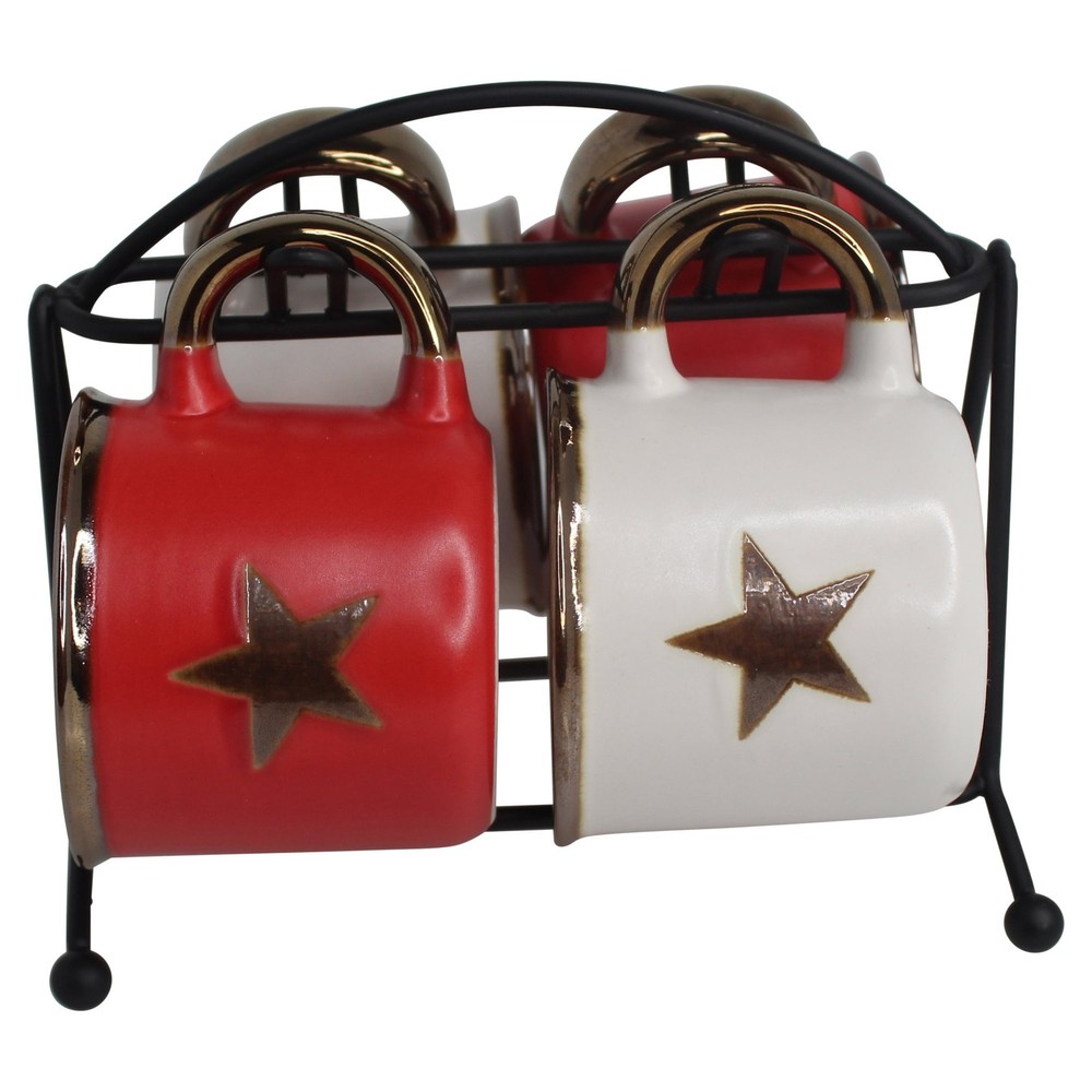 IMUSA 4pc Stoneware 3oz Star Espresso Set with rack, Red/White