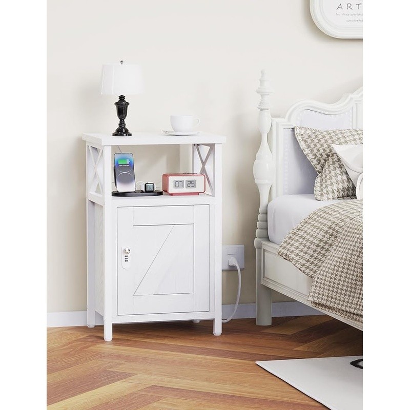 Nightstand W/ Lock USB Charging Station Large Storage Multi-Function Design