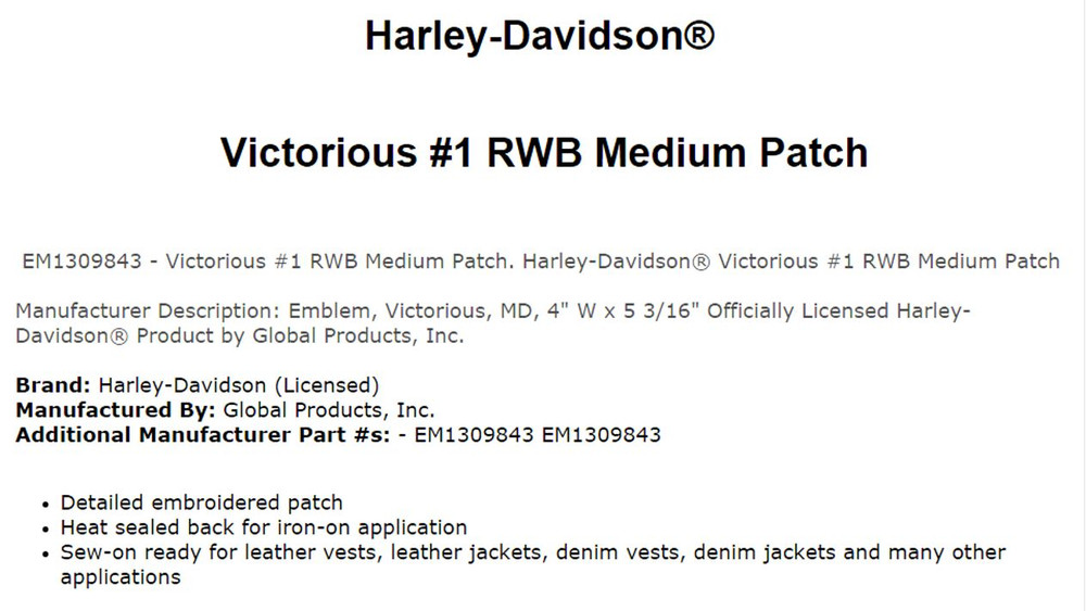 Harley Davidson Victorious Winged # 1 Patch