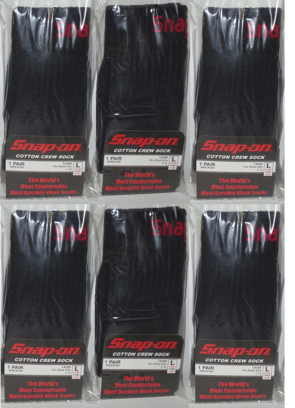 6 PAIRS - Snap-On Crew Socks Men's BLACK - LARGE ~ FREE SHIP ~ MADE IN USA *NEW*